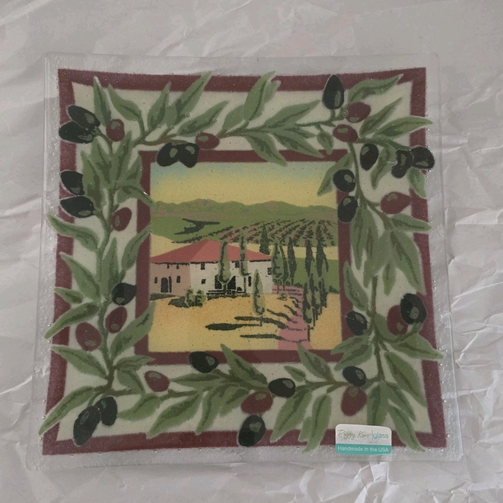 Peggy Karr Signed Fused Art Glass 9.75" Square Plate Tuscan Villa Olive Branch